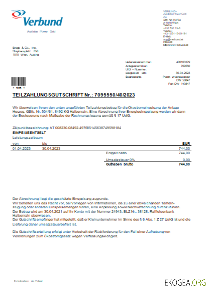 Facture commerciale du service public du Verbund Austrian Power Grid, SCR